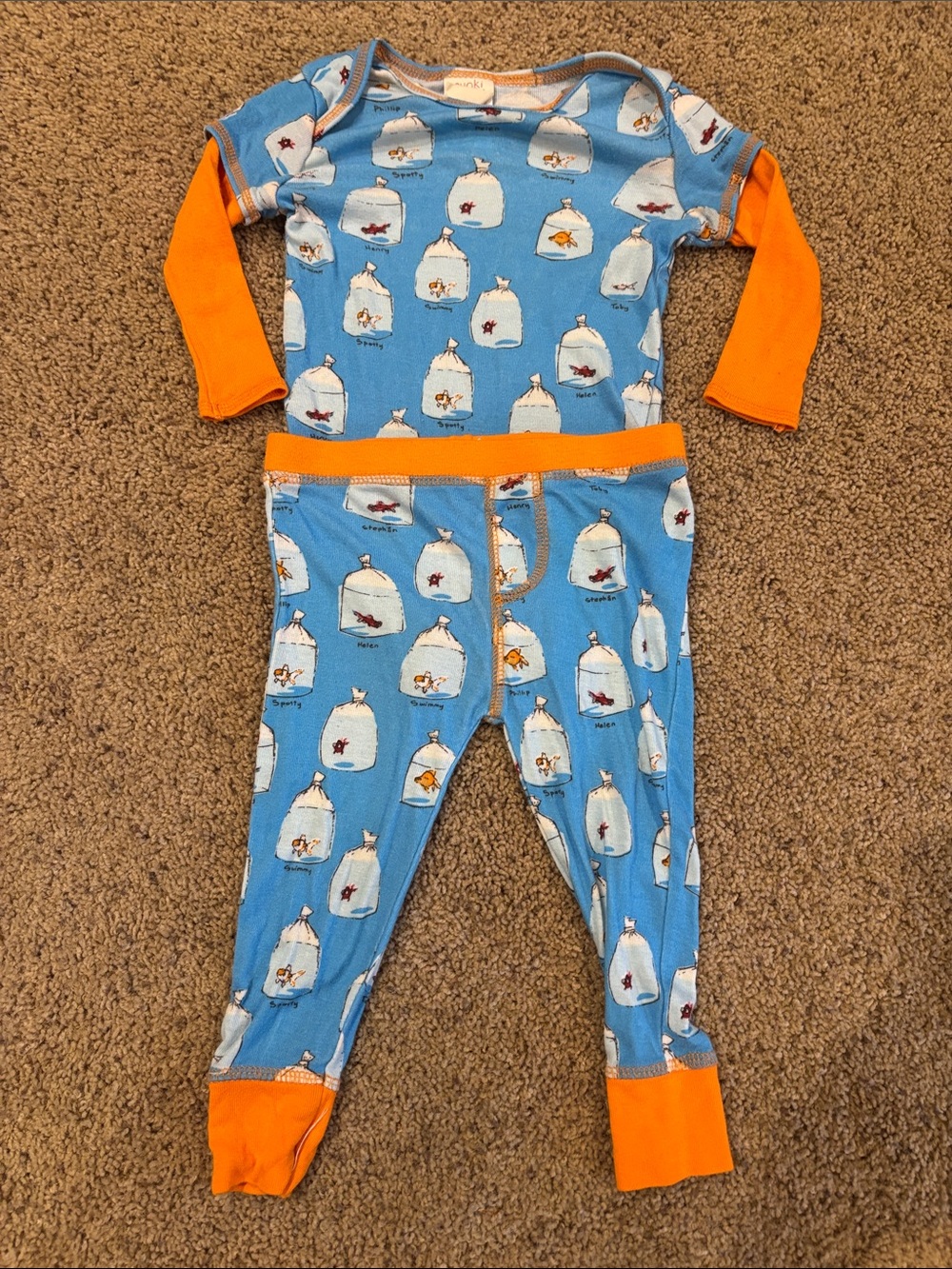 munki munki Blue and Orange Kids Pajama Set with Fish Bag Print